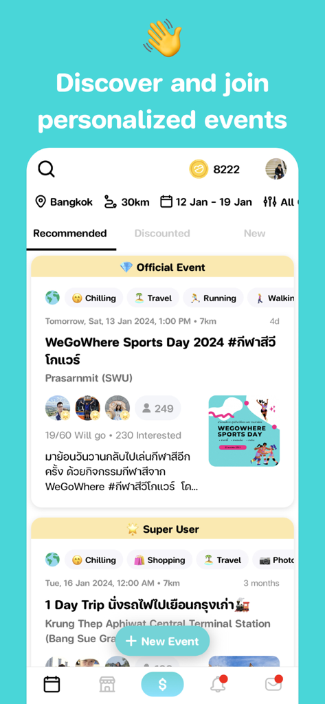 Discovery screen of the WeGoWhere app showing recommended social events and group activities