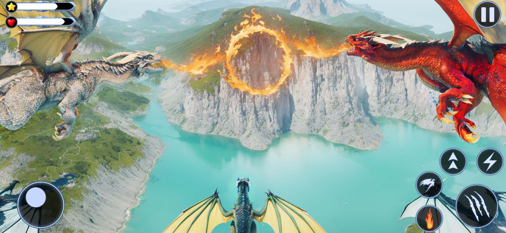 Virtual Dragon Family Sim 3D - Dois dragões cuspindo fogo para criar um anel de chamas sobre um lago azul em um simulador de fantasia 3D.