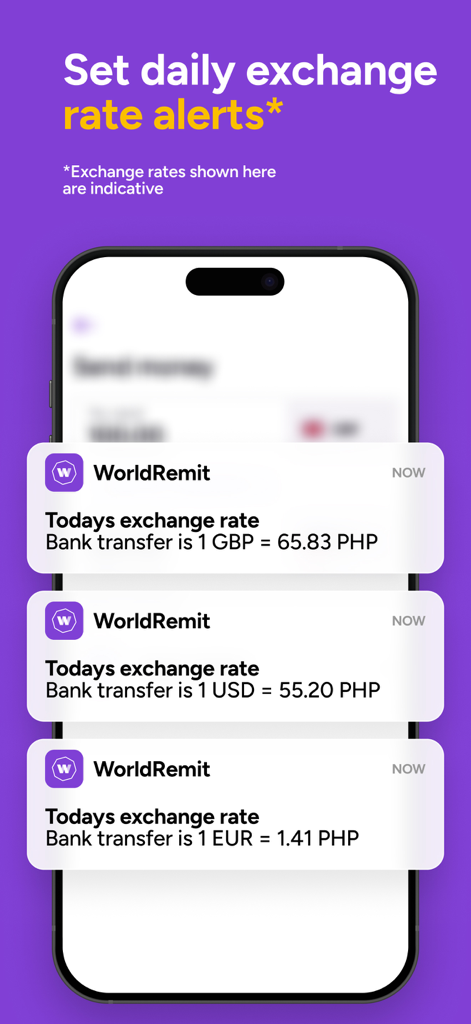 WorldRemit: Money Transfer App - Smartphone-Bildschirm, der WorldRemit tägliche Wechselkursbenachrichtigungen für internationale Überweisungen anzeigt