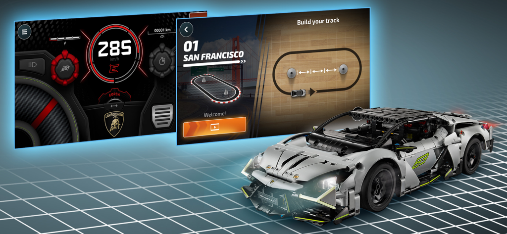 LEGO® TECHNIC® CONTROL+ - LEGO Technic Lamborghini Revuelto junto a un panel de control digital y pantallas de creador de pistas