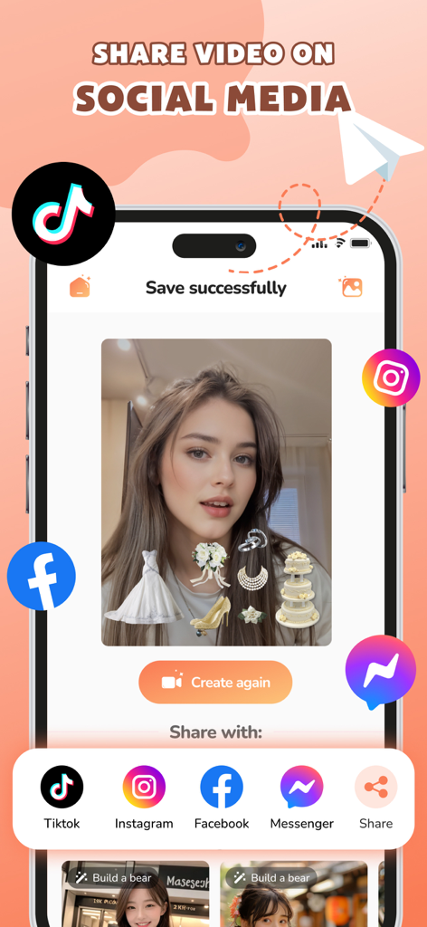 Choose Filter: Perfect Match - App interface showing a user sharing a wedding themed filter video to various social media platforms like TikTok and Instagram