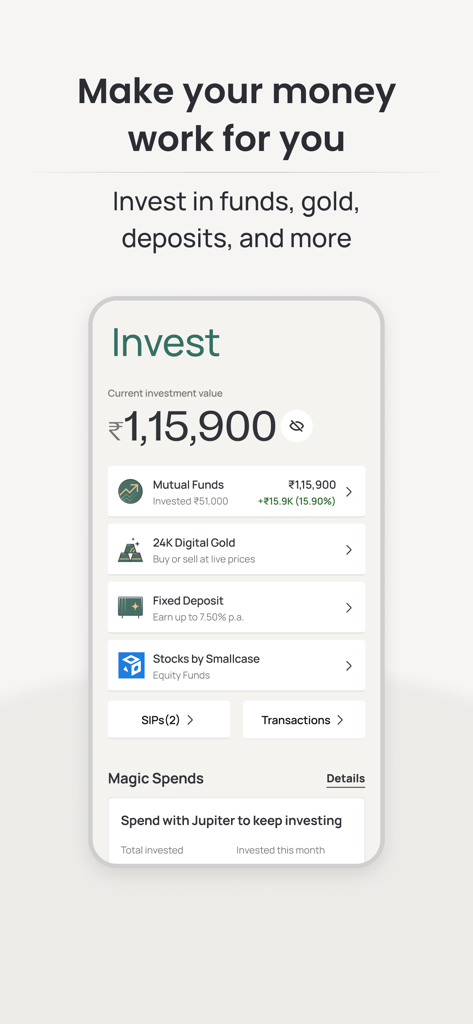 Interface do aplicativo Jupiter mostrando opções de investimento para fundos mútuos, ouro digital, depósitos fixos e ações