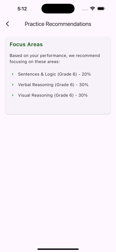 Schermata dell'app OLSAT per la 6a elementare che mostra raccomandazioni di pratica personalizzate e aree di interesse