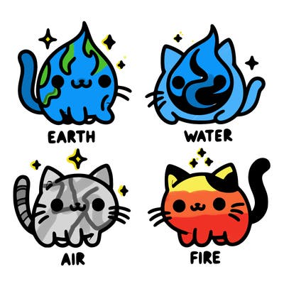 4 cats that represent the different elements, earth, water, air, and fire