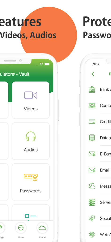 App interface showing options to hide videos and audios and protect sensitive passwords