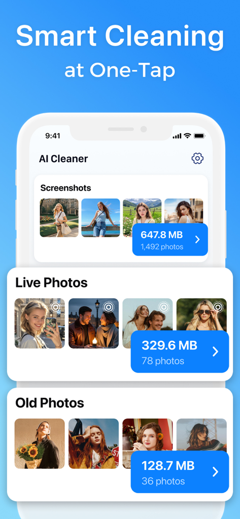 Smart Cleaner: AI Clean Up - Smart Cleaner 앱 인터페이스에 스크린샷, 라이브 포토, 오래된 사진을 AI로 분류하여 저장 공간을 쉽게 정리하는 기능이 표시됩니다