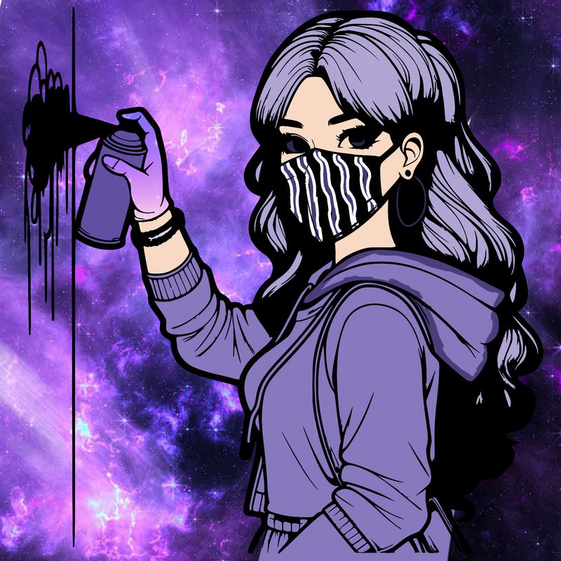 realistic girl with mask spray painting a wall