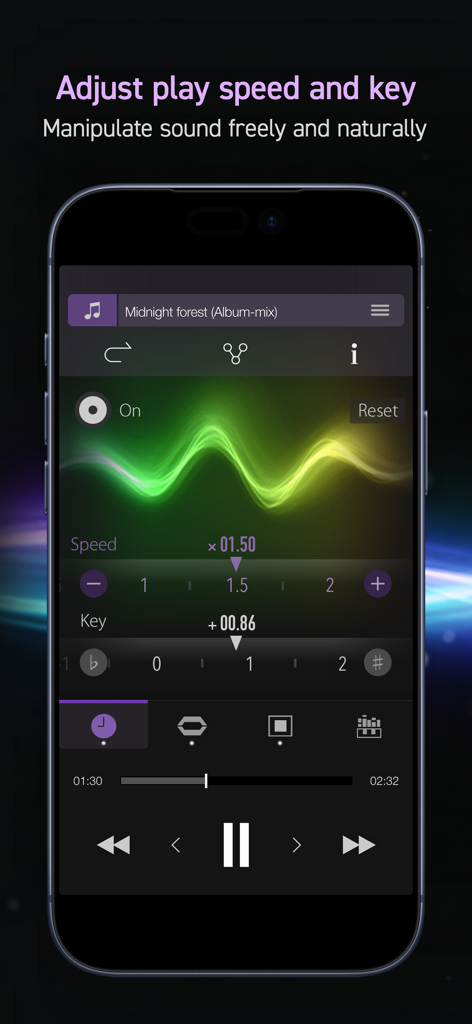 PSOFT Audio Player - Interfaz de PSOFT Audio Player para ajustar la velocidad de reproducción y la tonalidad de la música.