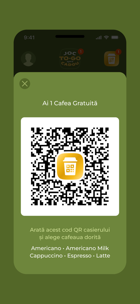 TO-GO Coffee - A QR code in the TO-GO coffee app for a free reward drink