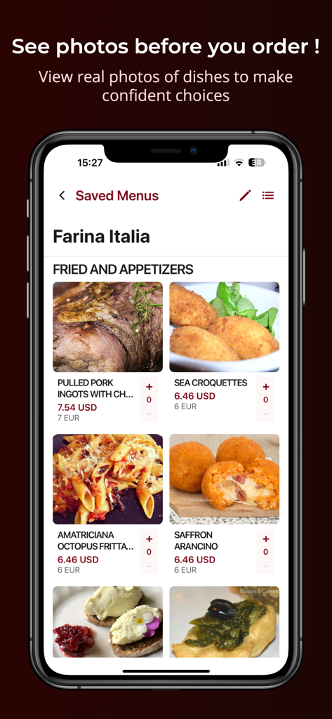 Interfaz de la aplicación MenuGuide mostrando un menú digital con fotos y precios de platos italianos.