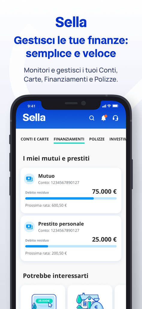 Sella - L'interfaccia dell'app di mobile banking Sella che mostra i saldi di mutui e prestiti personali nella sezione finanziamenti.