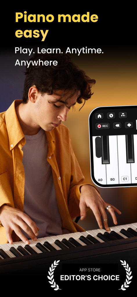 Piano Keyboard: Learn Piano - デジタルキーボードアプリのインターフェースと「ピアノが簡単に」というテキストでピアノを演奏する若い男性