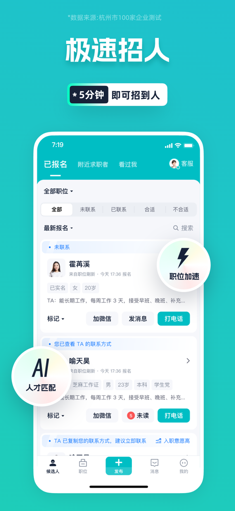 青团兼职商户版 - Mobile app interface showing a list of job candidates with AI talent matching and quick contact options