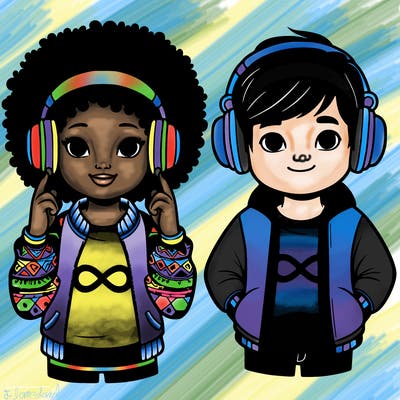 an afroamerican girl with headphones and a boy with headphones, they have an ♾️ symbol on their shirt
