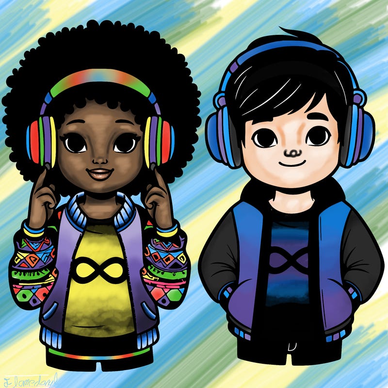 an afroamerican girl with headphones and a boy with headphones, they have an ♾️ symbol on their shirt