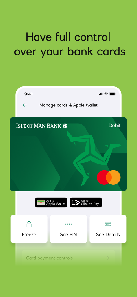 Isle of Man Bank - Isle of Man Bank mobile app screen showing options to manage debit cards and Apple Wallet
