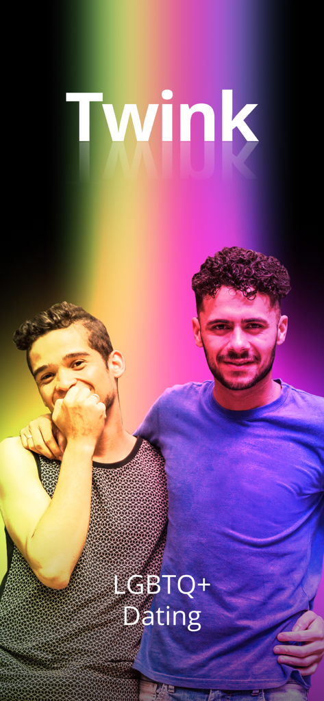 Two young men smiling against a rainbow background for the Twink LGBTQ+ dating app.