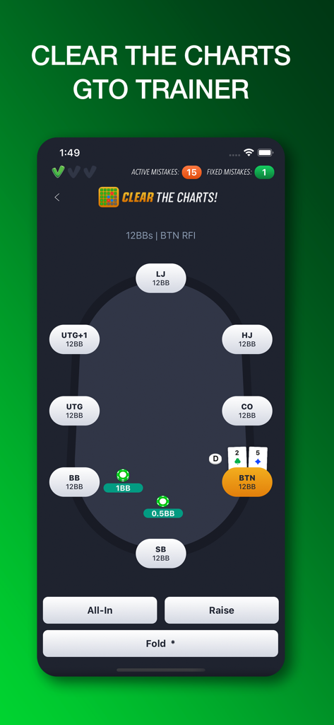 Pantalla del entrenador GTO 'Despeja las Tablas' en la aplicación Poker Coaching que muestra una simulación de mesa de póker y botones de acción