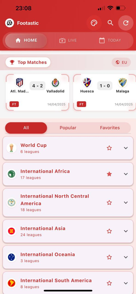 Fut Ao Vivo: dahora - Footastic app home screen with live soccer scores and international league listings