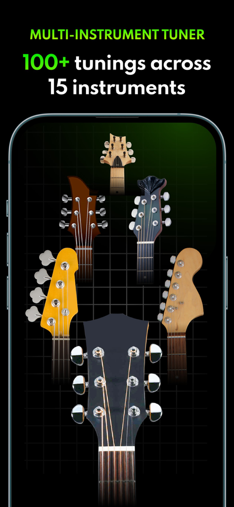 Chord it - Tune & Play Guitar - Chord it app screen showcasing a multi instrument tuner with over one hundred tunings for fifteen instruments