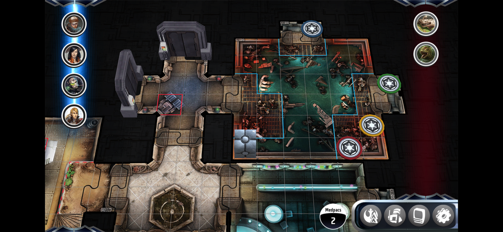 Star Wars: Imperial Assault - Vista táctica de arriba hacia abajo de un mapa de misión de juego de mesa dentro de la aplicación compañera de Star Wars Imperial Assault, con fichas de héroes y enemigos