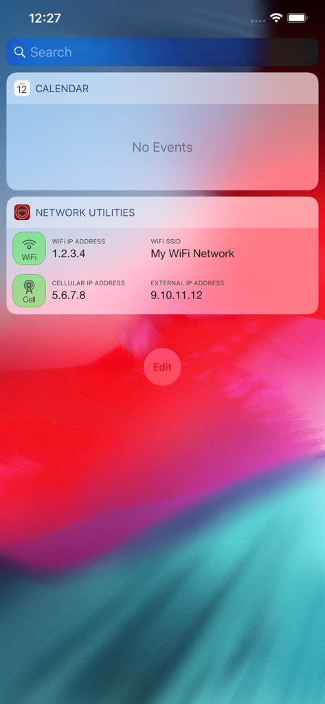 Network Utilities & Analyzer - iOS widget showing WiFi and cellular IP addresses along with network SSID and external IP status