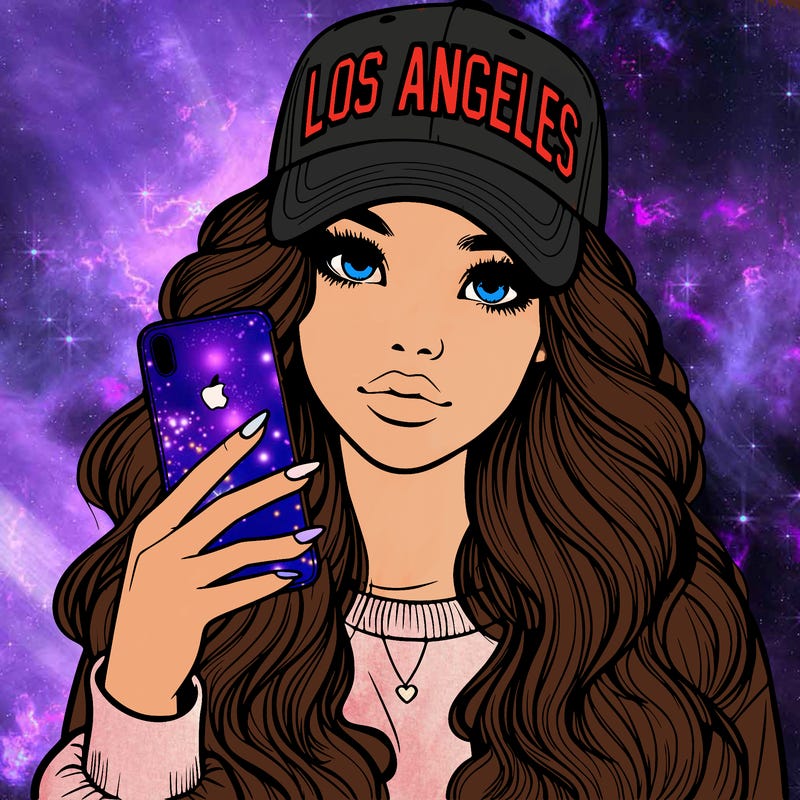 realistic beautiful girl wearing los ángeles cap holding an iphone