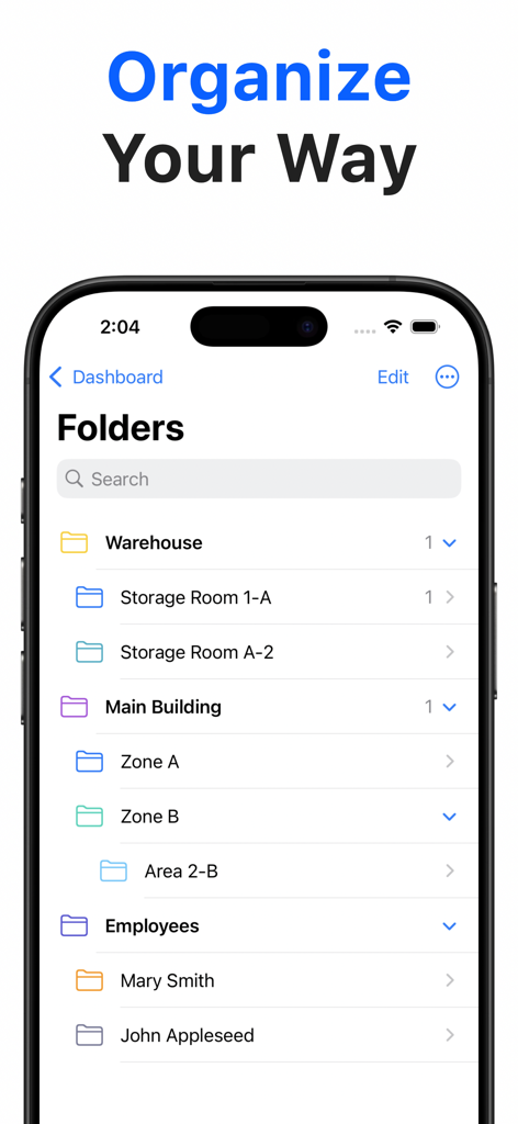 Application de suivi d'inventaire Boxflow montrant des dossiers organisés pour les emplacements d'entrepôt et les stocks des employés