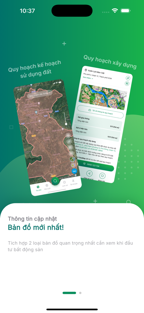 DeeMap 앱에서 토지 이용 및 건설 계획 지도를 보여주는 두 개의 스마트폰 화면