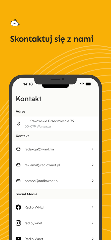 Radio Wnet - Radio Wnet app contact screen displaying the office address editorial email and social media links