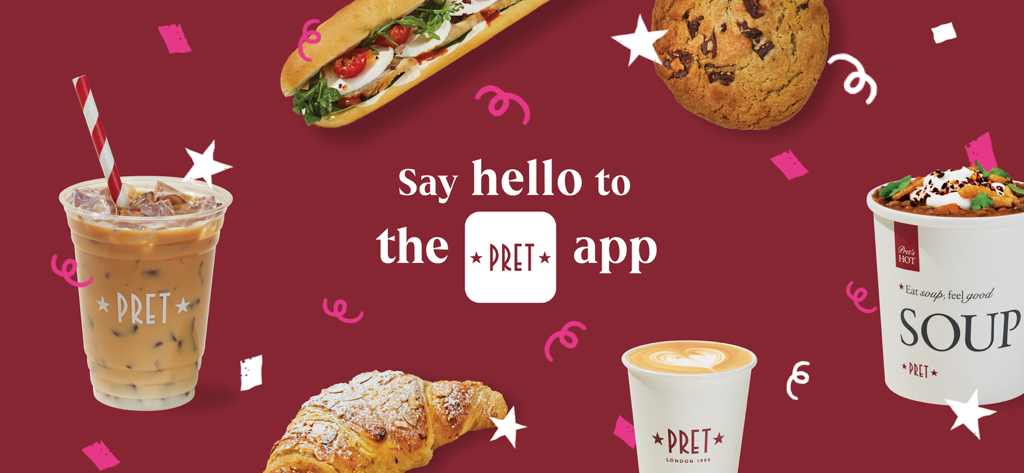 Promotional banner for the Pret A Manger app featuring a variety of coffee drinks, sandwiches, soups, and pastries.