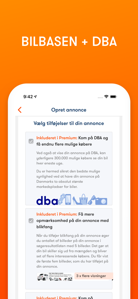 Bilbasen app interface showing premium features for creating a car sale listing including cross-posting to DBA and extra photos.