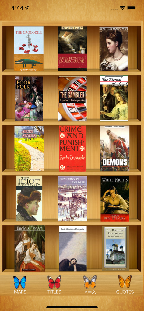 Dostoyevsky - A digital library interface within the Dostoyevsky app showing classic book covers on a wooden bookshelf.