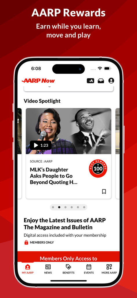 Interfaz de la aplicación AARP Now que destaca noticias, videos y recompensas para miembros