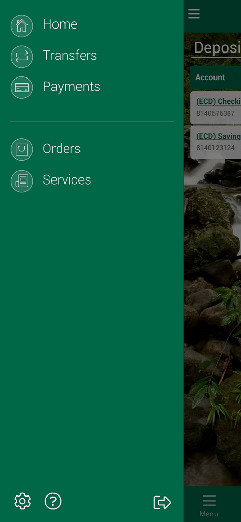 NBD MoBanking - Side navigation menu of the NBD MoBanking app displaying banking options