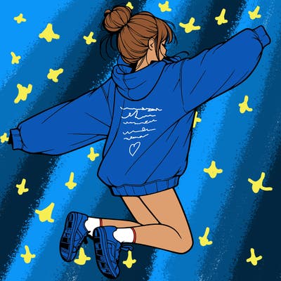 realistic girl jumping with a bun and oversized sweatshirt