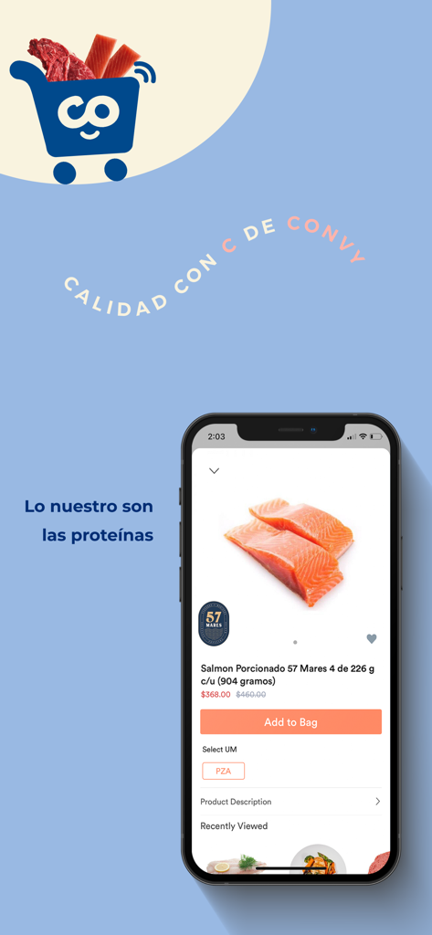 CONVY – Tu super de proteínas - CONVYプロテイン食料品アプリの新鮮なサーモンポーションを表示するiPhone画面。