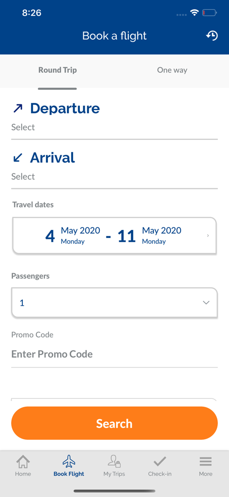 Smartwings - Smartwings mobile app screen for booking a flight with round trip and date selection