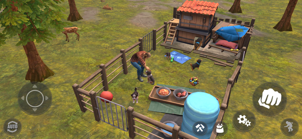 Days After: Zombie Survival - A survivor character petting a dog inside a fenced base kennel in Days After Zombie Survival