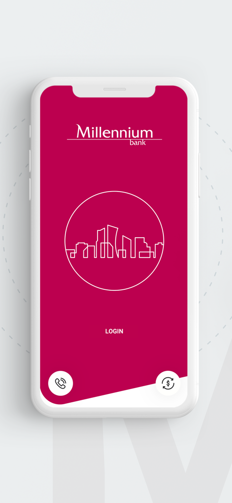 Splash screen of Bank Millennium for Corporate mobile app with a pink background, skyline illustration, and login button.