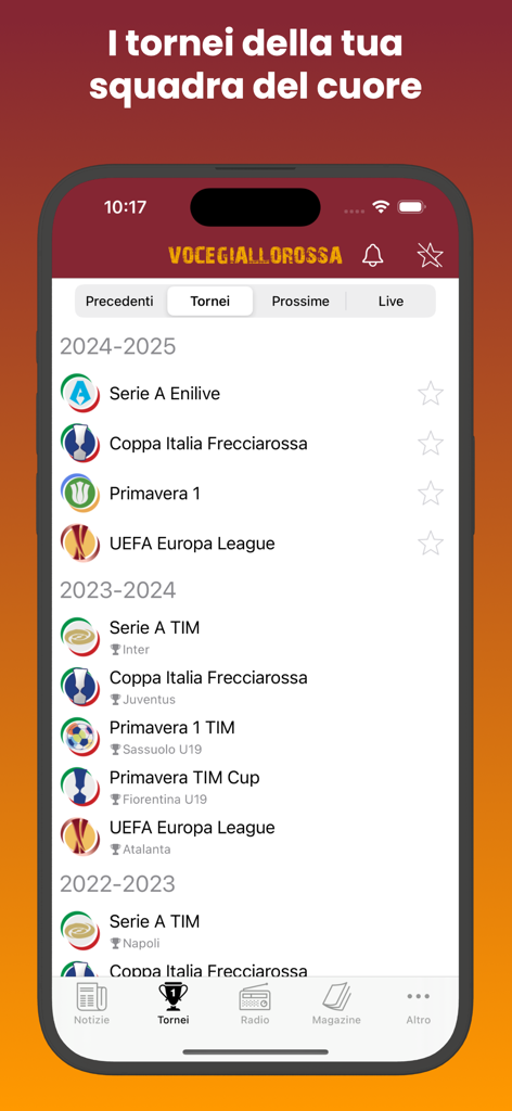A list of soccer tournaments and leagues for AS Roma in the Voce Giallorossa mobile app.
