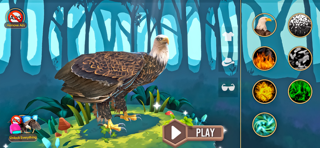 Real Eagle Simulator Bird Game - Eagle character customization screen in Real Eagle Simulator showing various plumage skins and accessory options.