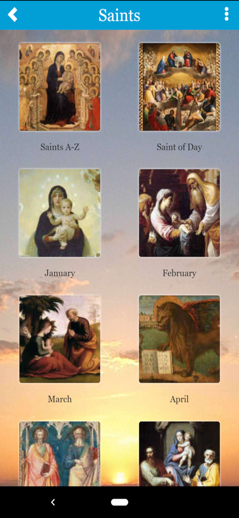 A screen from the My Catholic Life app showing a menu for Catholic saints and monthly calendars with religious artwork icons.