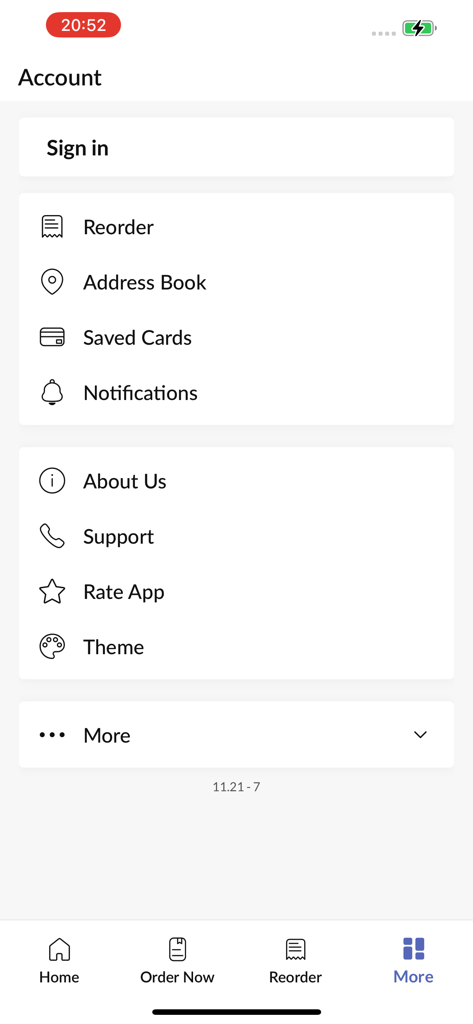 SAFS Takeaway Studley. - Menú de cuenta y configuración de la aplicación de entrega de comida SAFS Takeaway Studley que muestra opciones de reordenar y libreta de direcciones.