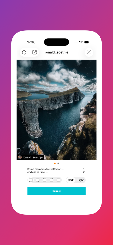 Regrammer App-Oberfläche, die ein malerisches Landschaftsfoto zeigt, das zum Reposten bereit ist, mit Optionen für Wasserzeichenplatzierung und Thema