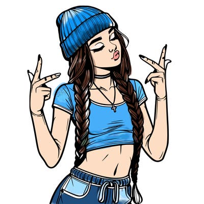 realistic teenage girl with braids and a beanie and crop top doing 🫶🏼