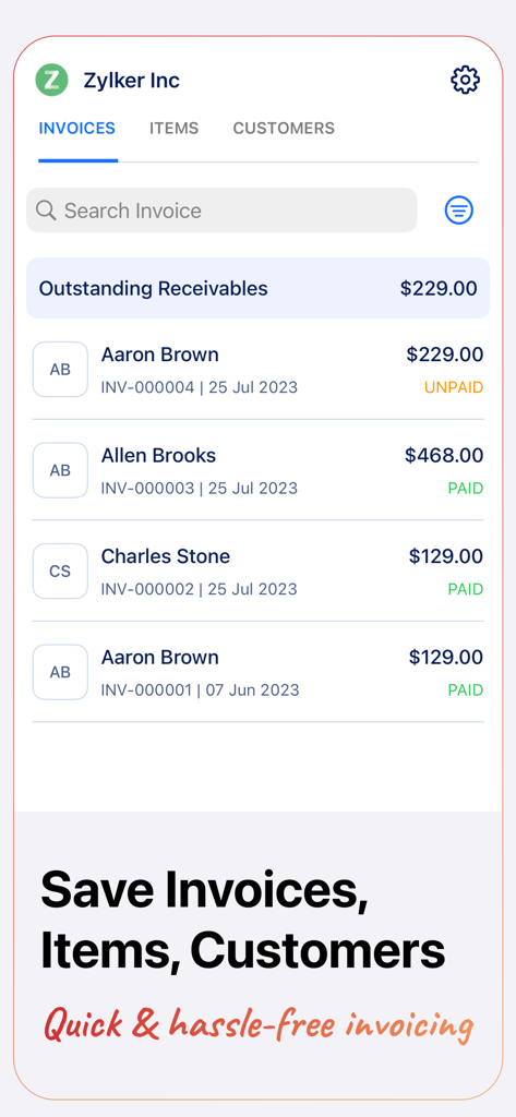 Invoice Generator - Zoho - Zoho Invoice Generator mobile dashboard tracking unpaid and paid invoices