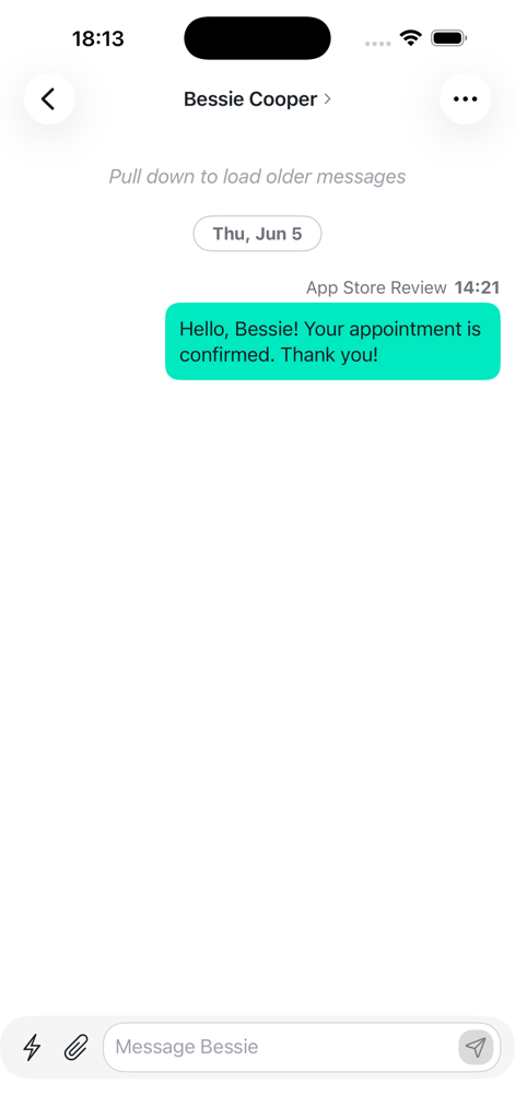 NexHealth mobile app interface showing a secure text message confirming a patient appointment
