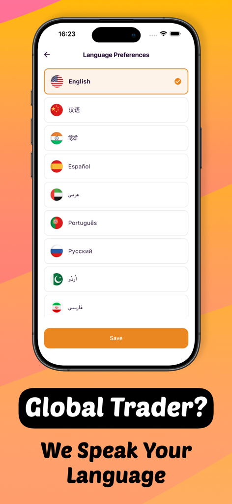 Lot Size Calculator - Galaxiem - Language selection screen in the Lot Size Calculator app featuring multiple international languages and flags for global traders.