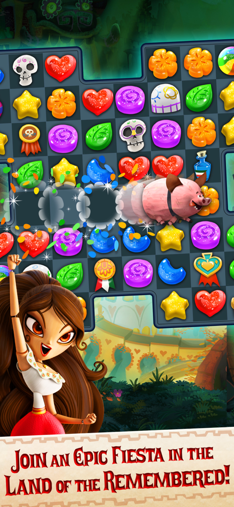 Gameplay screenshot of Sugar Smash Book of Life match-3 puzzle with Maria and a flying pig power up